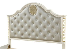 English Elm Jasmine King Tufted Upholstered LED Bed in Champagne Beige with Crystal Buttons & Geometric Trim 659436062214