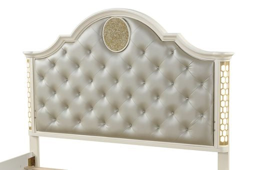 English Elm Jasmine King Tufted Upholstered LED Bed in Champagne Beige with Crystal Buttons & Geometric Trim 659436062214
