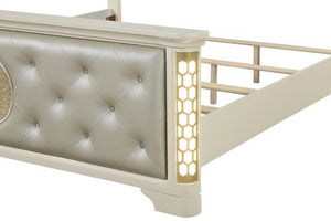 English Elm JASMINE King Tufted Upholstered LED Bed in Champagne Beige with Crystal Buttons & Geometric Trim B009S01896