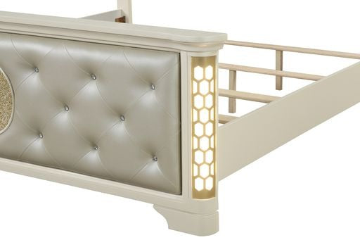 English Elm JASMINE King Tufted Upholstered LED Bed in Champagne Beige with Crystal Buttons & Geometric Trim B009S01896