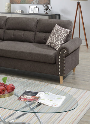English Elm Tan Reversible Sectional Sofa — Tufted Velvet-Look Linen Polyfiber, Roll Arms, Pillows, Nailhead Trim HS00F6448-ID-AHD