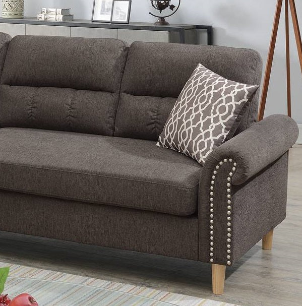 English Elm Tan Reversible Sectional Sofa — Tufted Velvet-Look Linen Polyfiber, Roll Arms, Pillows, Nailhead Trim HS00F6448-ID-AHD