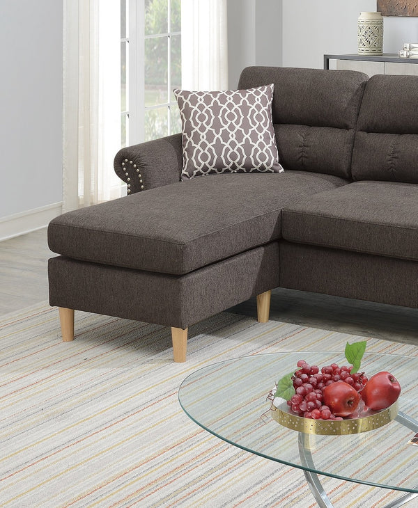 English Elm Tan Reversible Sectional Sofa — Tufted Velvet-Look Linen Polyfiber, Roll Arms, Pillows, Nailhead Trim HS00F6448-ID-AHD