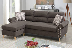 English Elm Tan Reversible Sectional Sofa — Tufted Velvet-Look Linen Polyfiber, Roll Arms, Pillows, Nailhead Trim HS00F6448-ID-AHD