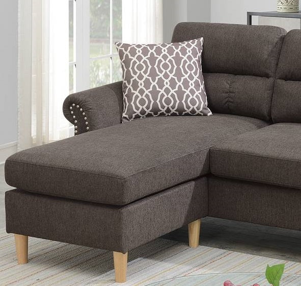 English Elm Tan Reversible Sectional Sofa — Tufted Velvet-Look Linen Polyfiber, Roll Arms, Pillows, Nailhead Trim HS00F6448-ID-AHD