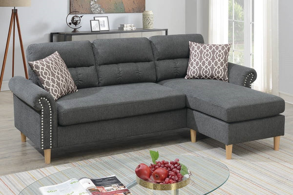 English Elm Slate Reversible Sectional Sofa with Tufted Back, Nailhead Arms, Plush Pillows & Tapered Legs HS00F6447-ID-AHD