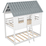 Twin over Twin Low Bunk Beds with Roof and Fence-Shaped Guardrail