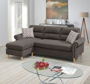 English Elm Tan Reversible Sectional Sofa — Tufted Velvet-Look Linen Polyfiber, Roll Arms, Pillows, Nailhead Trim HS00F6448-ID-AHD