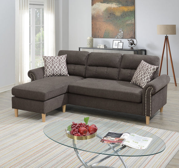 English Elm Tan Reversible Sectional Sofa — Tufted Velvet-Look Linen Polyfiber, Roll Arms, Pillows, Nailhead Trim HS00F6448-ID-AHD