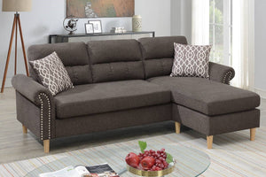 English Elm Tan Reversible Sectional Sofa — Tufted Velvet-Look Linen Polyfiber, Roll Arms, Pillows, Nailhead Trim HS00F6448-ID-AHD