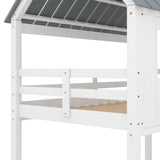Hearth and Haven Twin over Twin Low Bunk Beds with Roof and Fence-Shaped Guardrail, White
