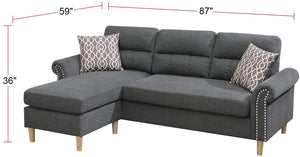 English Elm Slate Reversible Sectional Sofa with Tufted Back, Nailhead Arms, Plush Pillows & Tapered Legs HS00F6447-ID-AHD