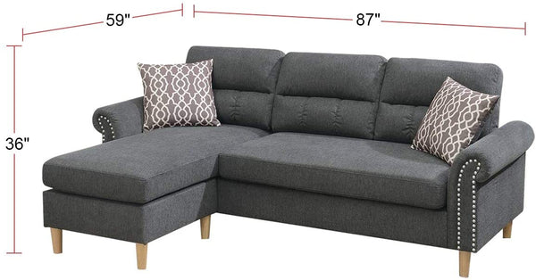 English Elm Slate Reversible Sectional Sofa with Tufted Back, Nailhead Arms, Plush Pillows & Tapered Legs HS00F6447-ID-AHD