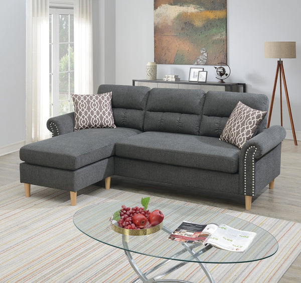 English Elm Slate Reversible Sectional Sofa with Tufted Back, Nailhead Arms, Plush Pillows & Tapered Legs HS00F6447-ID-AHD
