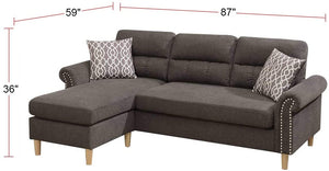 English Elm Tan Reversible Sectional Sofa — Tufted Velvet-Look Linen Polyfiber, Roll Arms, Pillows, Nailhead Trim HS00F6448-ID-AHD