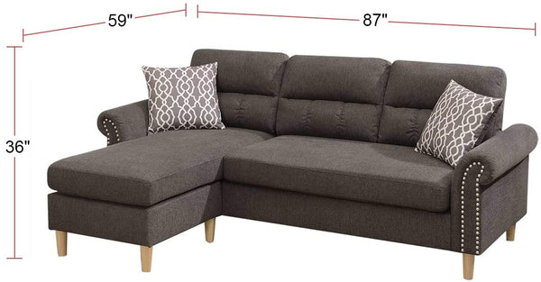 English Elm Tan Reversible Sectional Sofa — Tufted Velvet-Look Linen Polyfiber, Roll Arms, Pillows, Nailhead Trim HS00F6448-ID-AHD