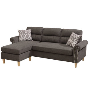 English Elm Tan Reversible Sectional Sofa — Tufted Velvet-Look Linen Polyfiber, Roll Arms, Pillows, Nailhead Trim HS00F6448-ID-AHD