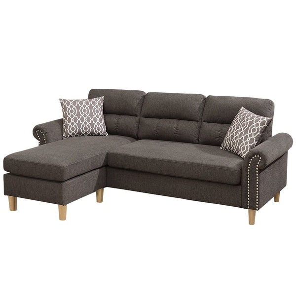 English Elm Tan Reversible Sectional Sofa — Tufted Velvet-Look Linen Polyfiber, Roll Arms, Pillows, Nailhead Trim HS00F6448-ID-AHD