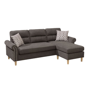 English Elm Tan Reversible Sectional Sofa — Tufted Velvet-Look Linen Polyfiber, Roll Arms, Pillows, Nailhead Trim HS00F6448-ID-AHD