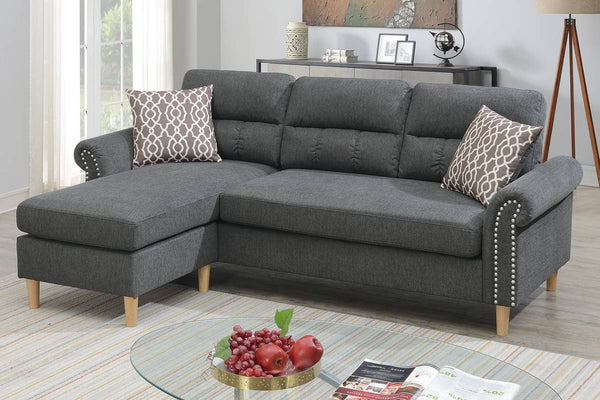 English Elm Slate Reversible Sectional Sofa with Tufted Back, Nailhead Arms, Plush Pillows & Tapered Legs HS00F6447-ID-AHD