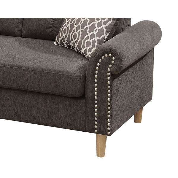 English Elm Tan Reversible Sectional Sofa — Tufted Velvet-Look Linen Polyfiber, Roll Arms, Pillows, Nailhead Trim HS00F6448-ID-AHD