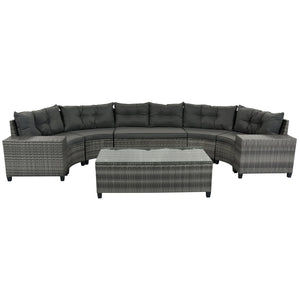 English Elm <old Sku Outdoor Pe Rattan Half Moon Sectional Patio Set with Tempered Glass Tables Gray N704G201215E