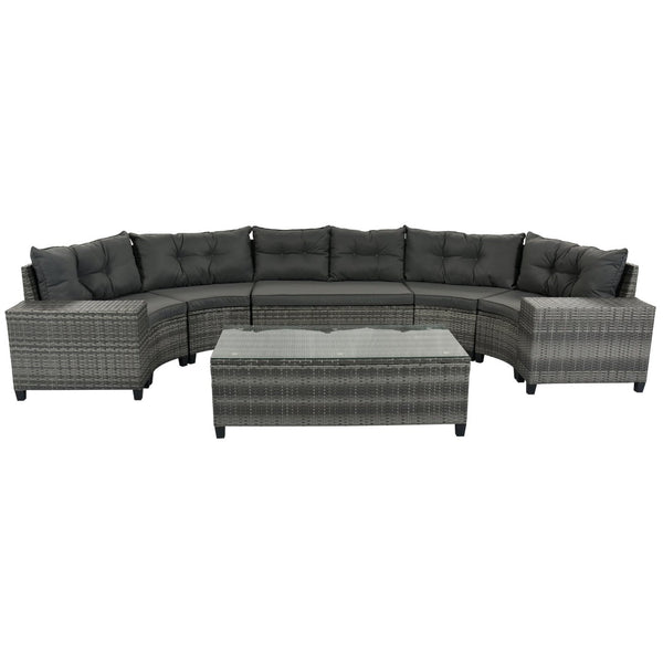 English Elm <old Sku Outdoor Pe Rattan Half Moon Sectional Patio Set with Tempered Glass Tables Gray N704G201215E