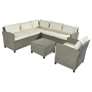 Hearth and Haven 5 Piece Outdoor Sofa Set with Coffee Table, Cushions and Single Chair, Beige