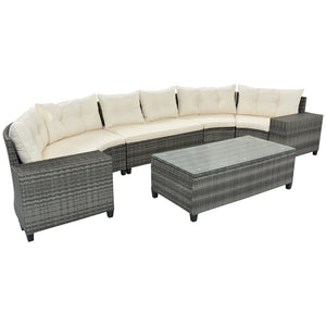 English Elm <old Sku Outdoor Pe Rattan Half Moon Sectional Patio Set with Tempered Glass Tables Beige N704G201215A