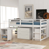 Hearth and Haven Moore Low Study Twin Size Loft Bed with Cabinet and Rolling Portable Desk, White LT000113AAK