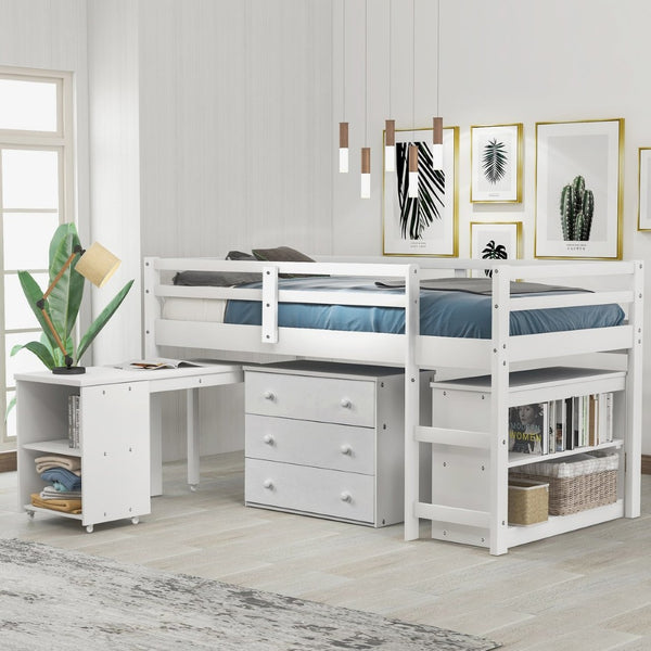 English Elm Low Twin Loft Bed with Rolling Desk Underbed Storage Cabinet Kids Study Space LT000113AAK