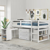 Hearth and Haven Moore Low Study Twin Size Loft Bed with Cabinet and Rolling Portable Desk, White LT000113AAK