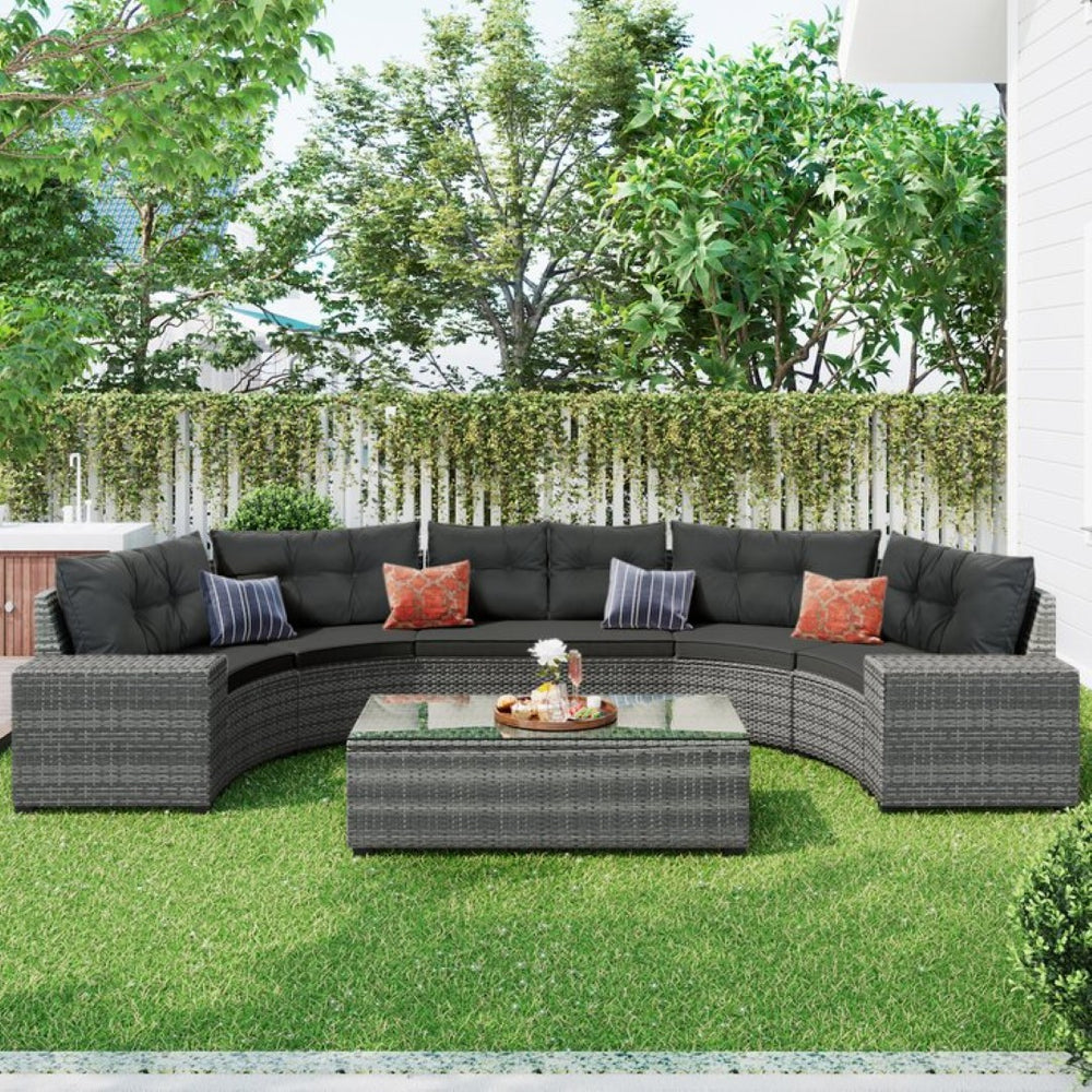 English Elm <old Sku Outdoor Pe Rattan Half Moon Sectional Patio Set with Tempered Glass Tables Gray N704G201215E