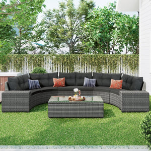 English Elm <old Sku Outdoor Pe Rattan Half Moon Sectional Patio Set with Tempered Glass Tables Gray N704G201215E
