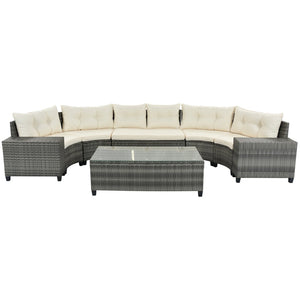 English Elm <old Sku Outdoor Pe Rattan Half Moon Sectional Patio Set with Tempered Glass Tables Beige N704G201215A