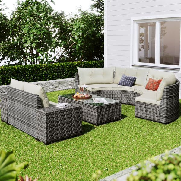 English Elm <old Sku Outdoor Pe Rattan Half Moon Sectional Patio Set with Tempered Glass Tables Beige N704G201215A