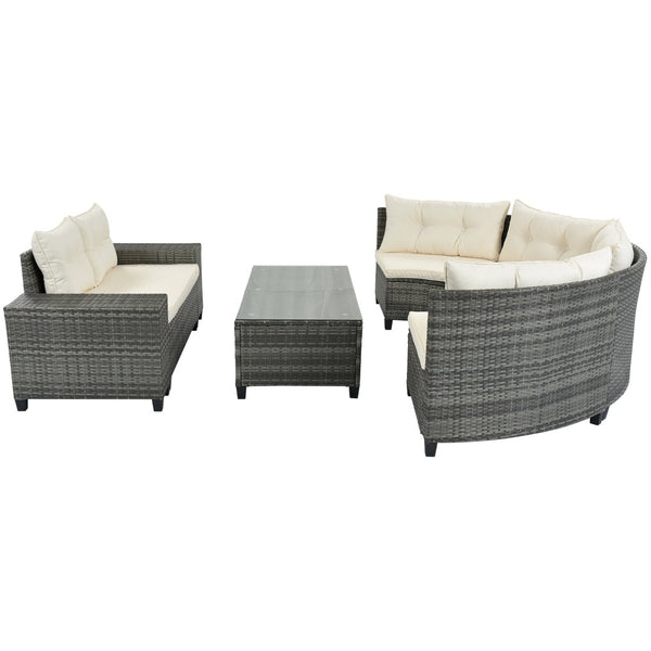 English Elm <old Sku Outdoor Pe Rattan Half Moon Sectional Patio Set with Tempered Glass Tables Beige N704G201215A
