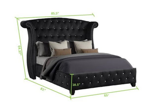 English Elm Queen Sophia 4Pc Vanity Upholstery Bedroom Set in Black Wood with Crystal Tufted Glam & Storage Options 808857840257