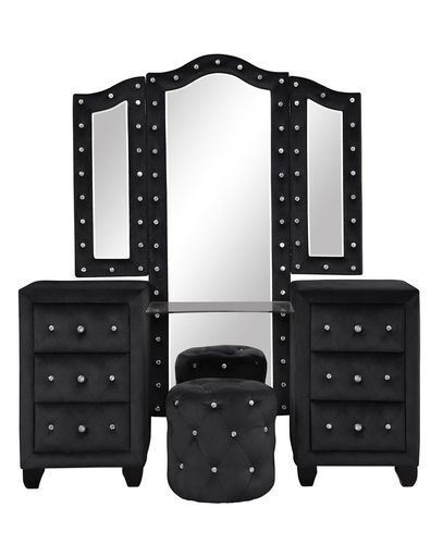 English Elm Hazel Queen 5PC Velvet Vanity Bedroom Set with Speakers & USB, Tufted Nailhead Black Glam Storage B009S00814
