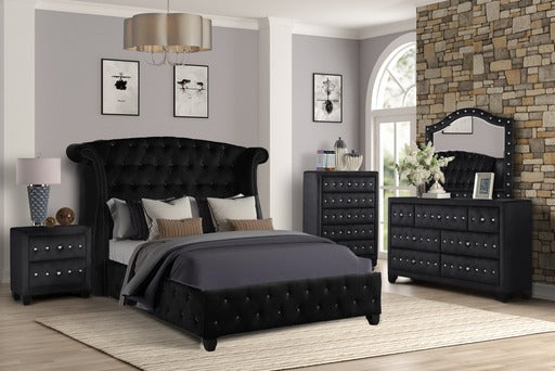 English Elm Sophia Queen Bed with Crystal Tufted Black Upholstery, Solid Wood Frame, Glam Modern 5PC Set Options 808857727732