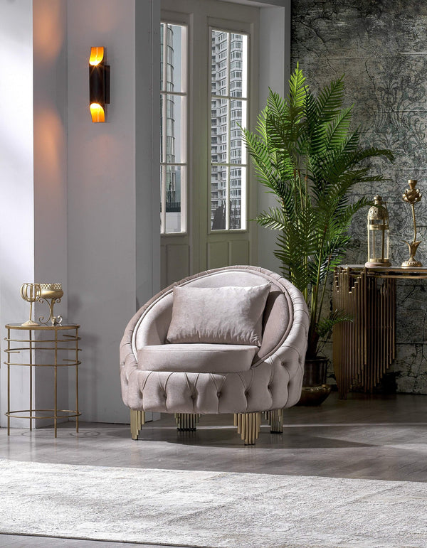 English Elm Vanessa Taupe Button Tufted Velvet Accent Chair with Gold Legs, Coil Spring Seat & Accent Pillow 698781276105