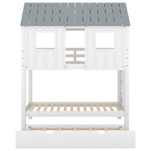 English Elm Twin House Bunk Bed with Trundle, Roof & Windows in White-Grey — Pinewood Playful Loft for Kids, Safe Design SM000705AAK