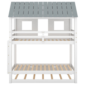 English Elm Twin House Bunk Bed with Trundle, Roof & Windows in White-Grey — Pinewood Playful Loft for Kids, Safe Design SM000705AAK