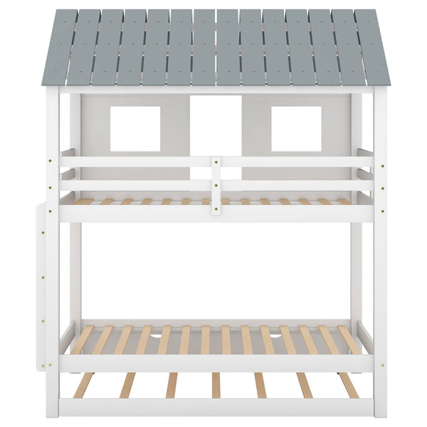 English Elm Twin House Bunk Bed with Trundle, Roof & Windows in White-Grey — Pinewood Playful Loft for Kids, Safe Design SM000705AAK