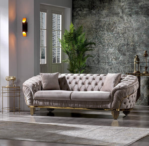 English Elm Vanessa Taupe Velvet Button Tufted Sofa with Gold Waterfall Legs, Flared Arms & 2 Pillows, Luxe G150109201