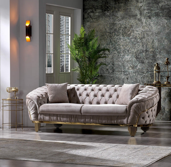 English Elm Vanessa Taupe Velvet Button Tufted Sofa with Gold Waterfall Legs, Flared Arms & 2 Pillows, Luxe G150109201