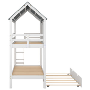 English Elm Twin House Bunk Bed with Trundle, Roof & Windows in White-Grey — Pinewood Playful Loft for Kids, Safe Design SM000705AAK