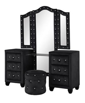 English Elm HAZEL King 5PC Vanity Bedroom Set Tufted Velvet Black King Bed w/ Speakers, USB Ports, Storage B009S02081
