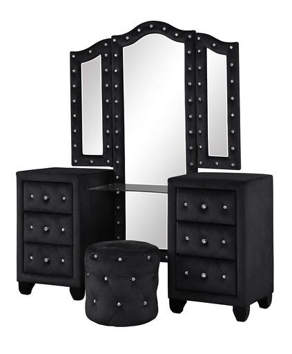 English Elm Hazel Queen 5PC Velvet Vanity Bedroom Set with Speakers & USB, Tufted Nailhead Black Glam Storage B009S00814