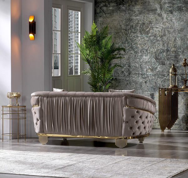 English Elm Vanessa Velvet Tufted Loveseat in Taupe with Gold-Plated Waterfall Legs, Coil Springs & Pillows G150109203